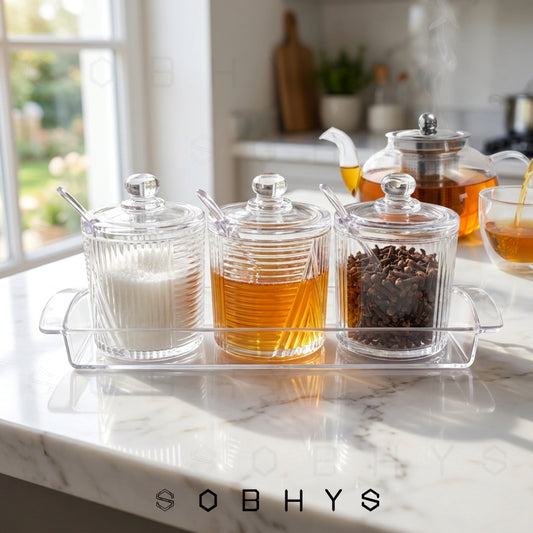 Clear Acrylic Condiment Jar Set with Tray – 3 Jars