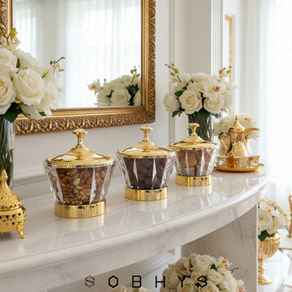 Luxury Crystal-Cut Acrylic Bowl – Gold-Tone Metal Lid & Base | 16cm Serving Bowl for Dates, Nuts & Candy