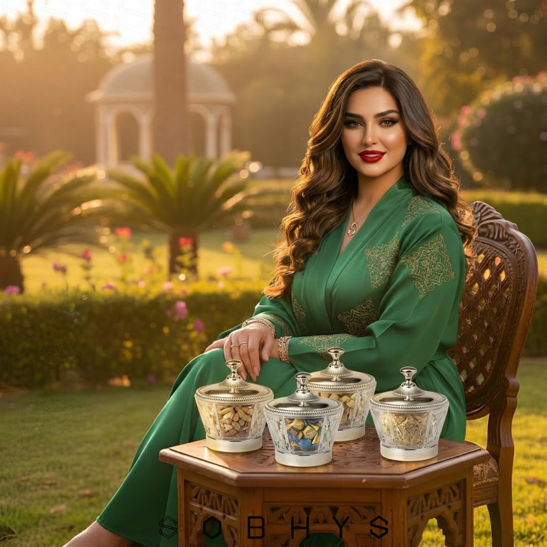 Woman in a green dress sitting outdoors with decorative jars on a table. Sobhys Acrylic Bowl with Silver-Tone Lid – Styled on Marble Surface for Majlis Setting
