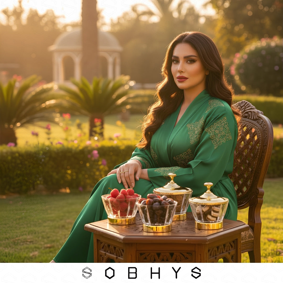 Woman in a green dress sitting outdoors with a table of fruits and aOBHYS logo.Sobhys Luxury Acrylic Bowl Gift Box – Premium Silk-Lined Packaging for Eid and Housewarming Gifts