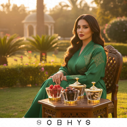 Woman in a green dress sitting outdoors with a table of fruits and aOBHYS logo.Sobhys Luxury Acrylic Bowl Gift Box – Premium Silk-Lined Packaging for Eid and Housewarming Gifts
