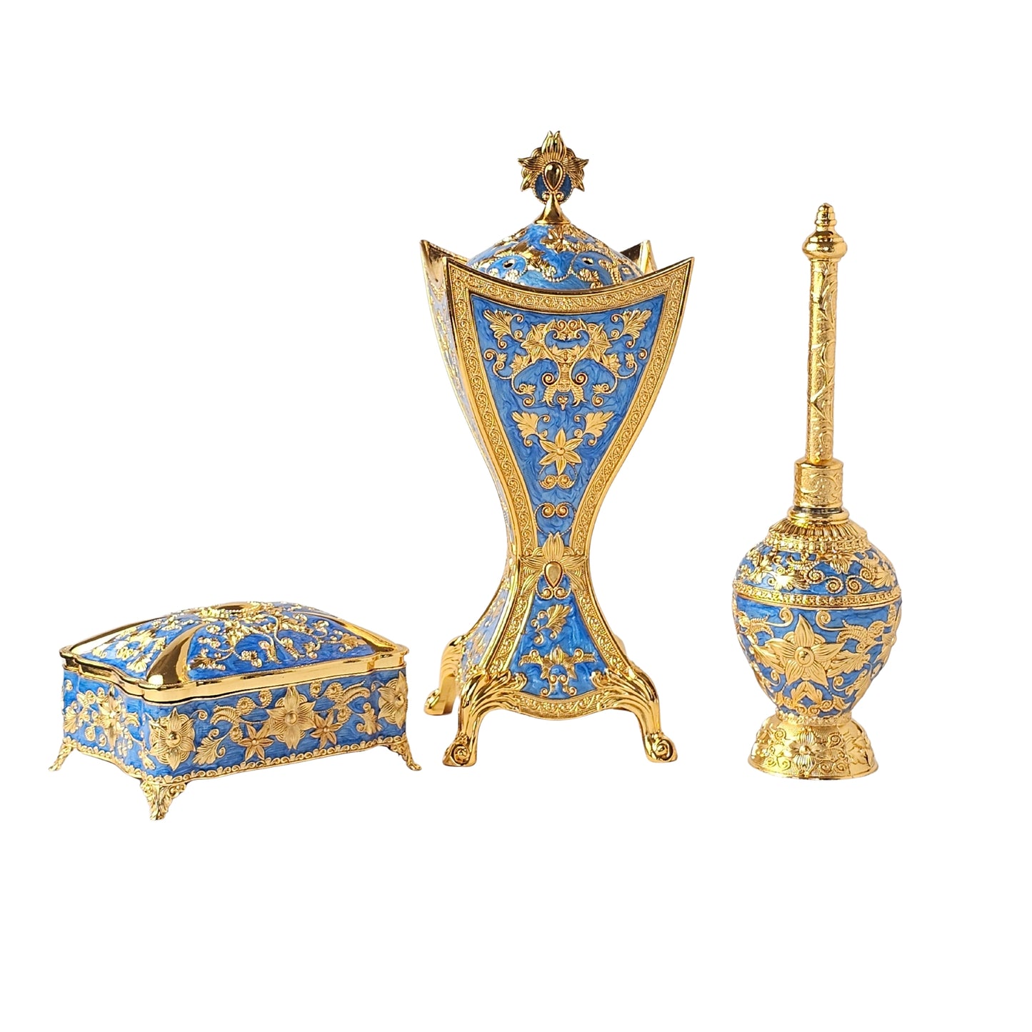 Sobhys 3-piece Arabic incense burner Royal Blue Gold zinc alloy hand-finished