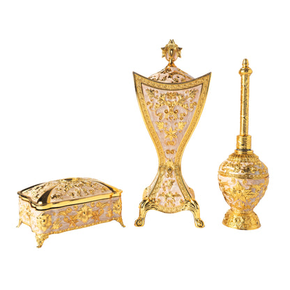 Luxury Arabic Incense Burner & Perfume Set – Royal White & Gold | 3-Piece Mabkhara, Meresh & Velvet Box