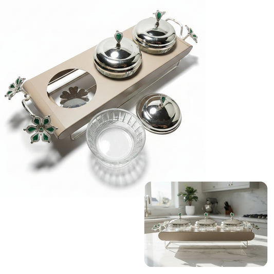 Emerald Flora 3-Bowl Luxury Serving Tray - Silver & Enamel - 42cm