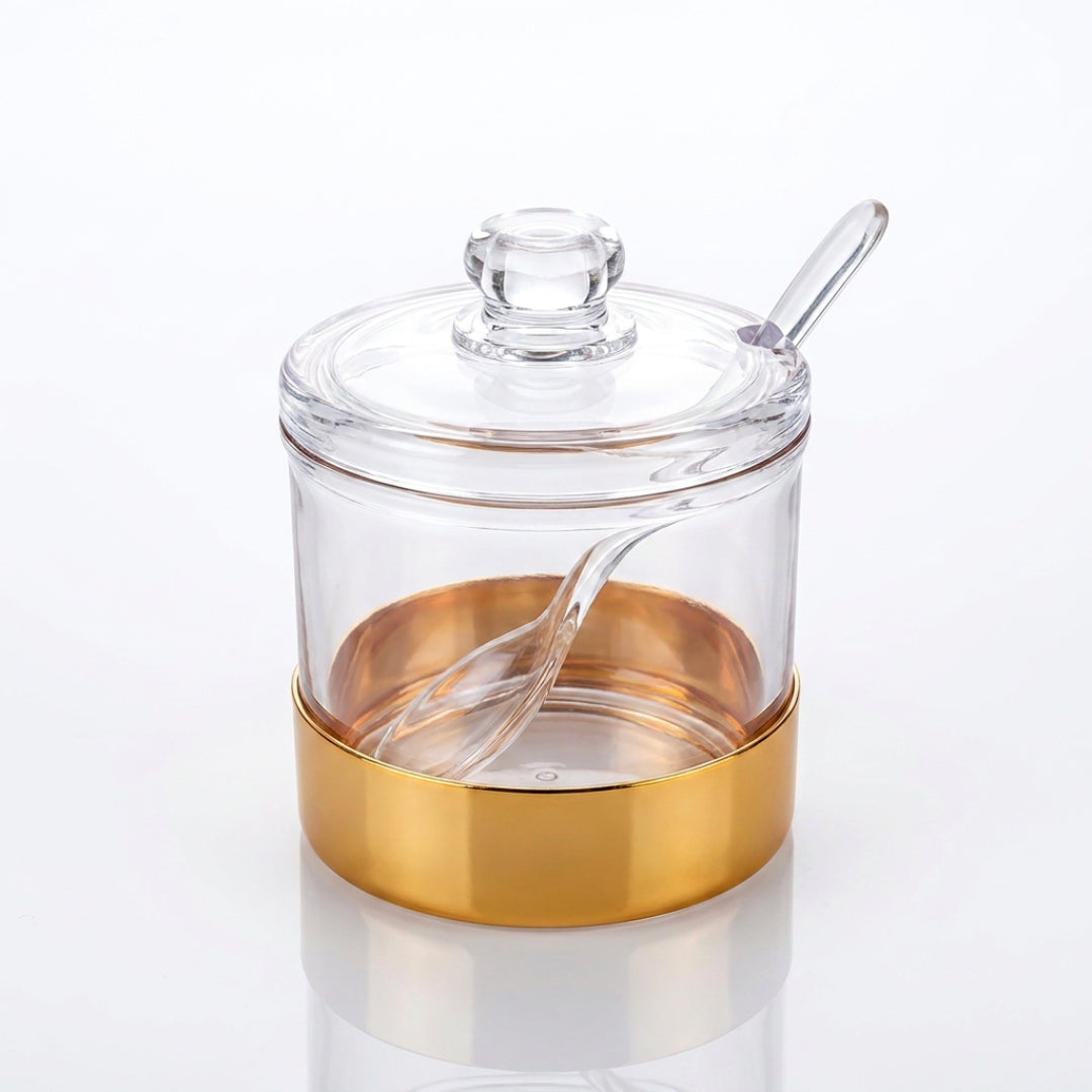 Acrylic Sugar Jar with Gold Base, Lid and Spoon