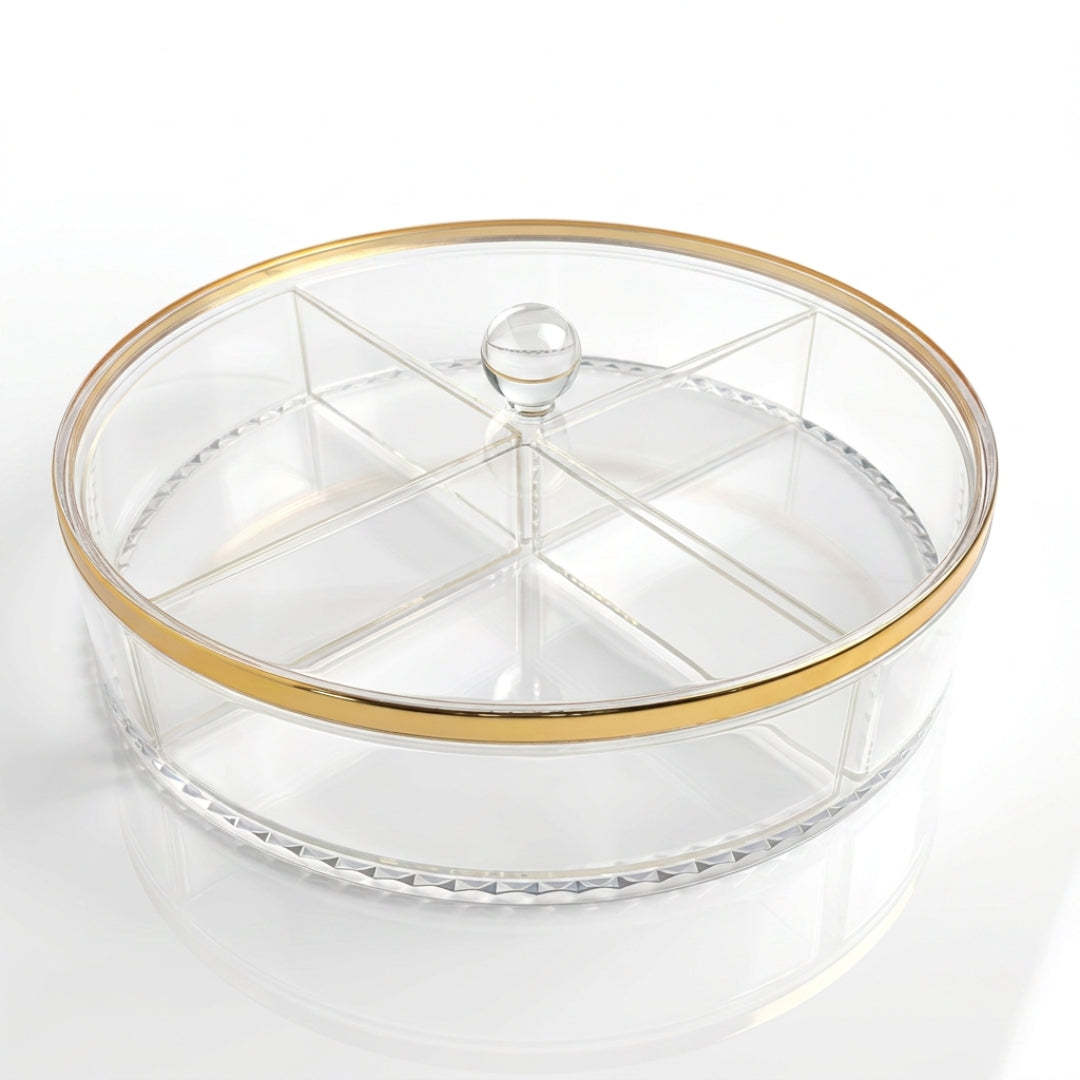 Acrylic Serving Tray – 4-Compartment, Gold Rim Lid, 29 cm