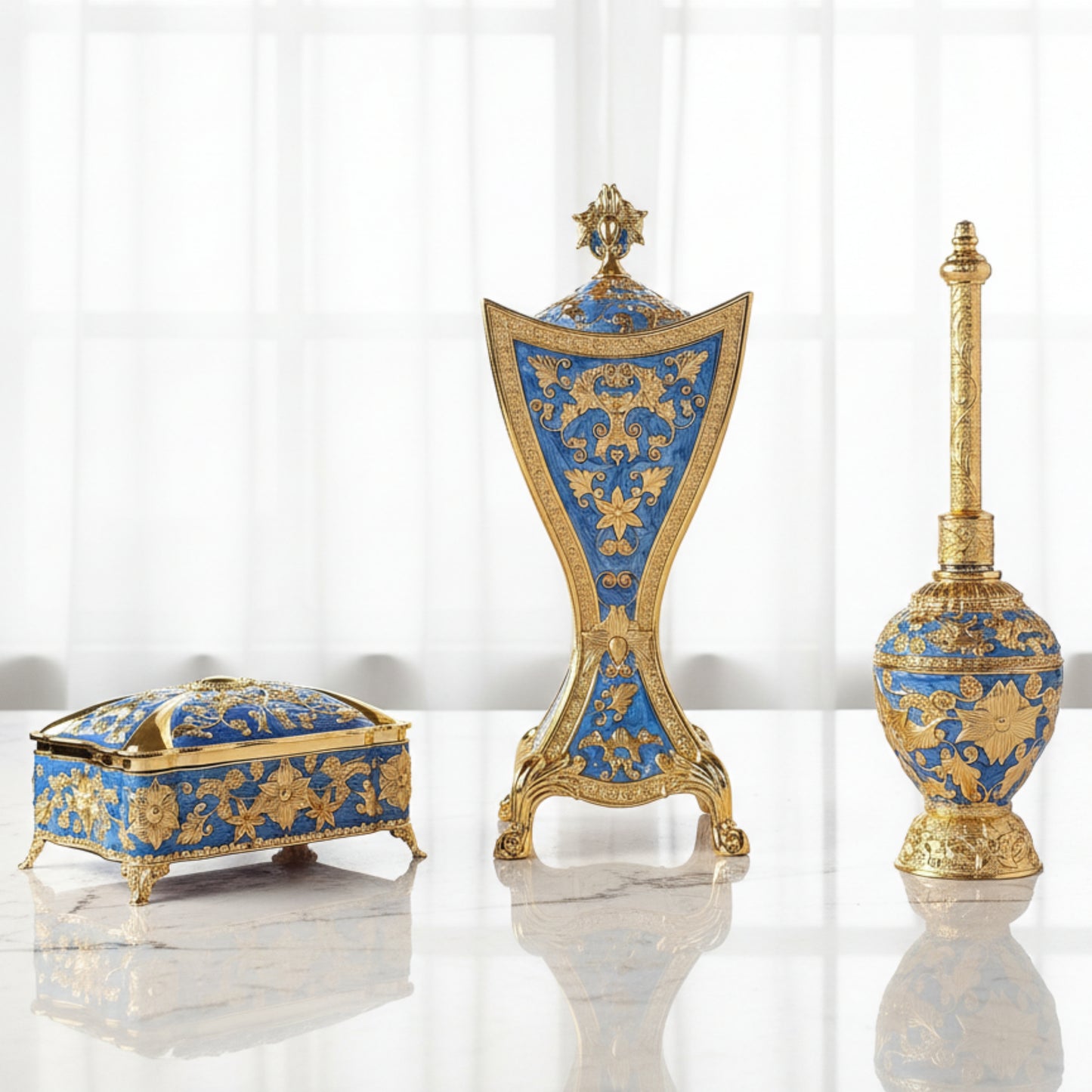 Luxury Arabic incense burner set Royal Blue Gold 3-piece Mabkhara Meresh velvet box Sobhys UAE
