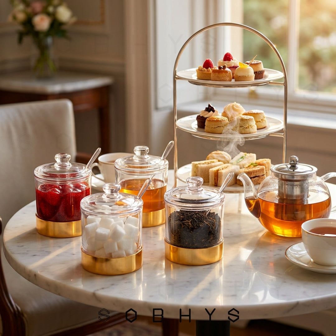Acrylic Sugar Jar with Gold Base, Lid and Spoon