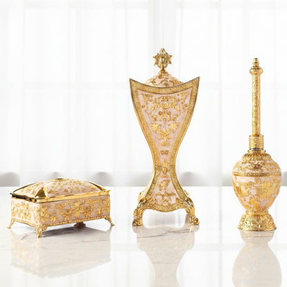 Luxury Arabic Incense Burner & Perfume Set – Royal White & Gold | 3-Piece Mabkhara, Meresh & Velvet Box