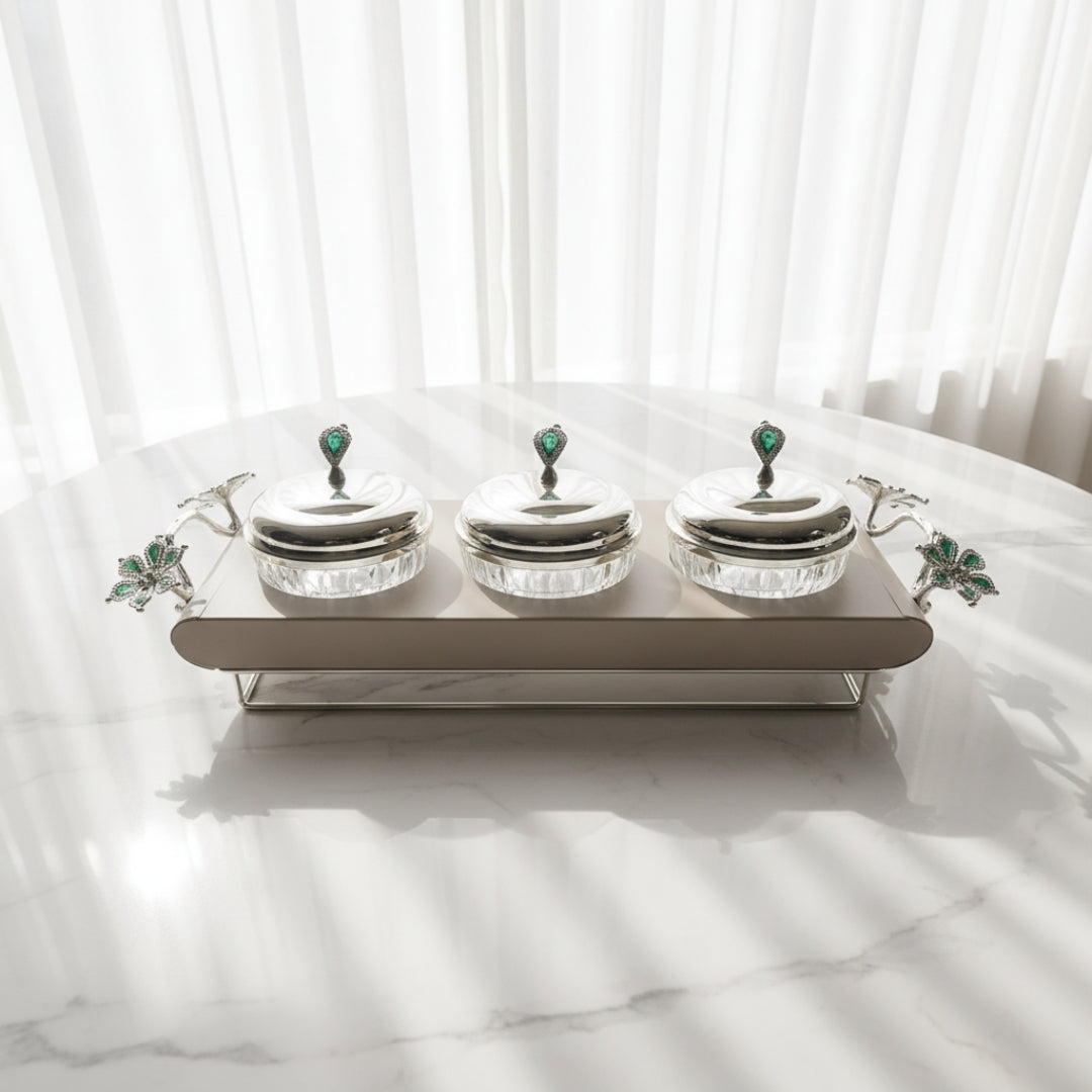 Emerald Flora 3-Bowl Luxury Serving Tray - Silver & Enamel - 42cm