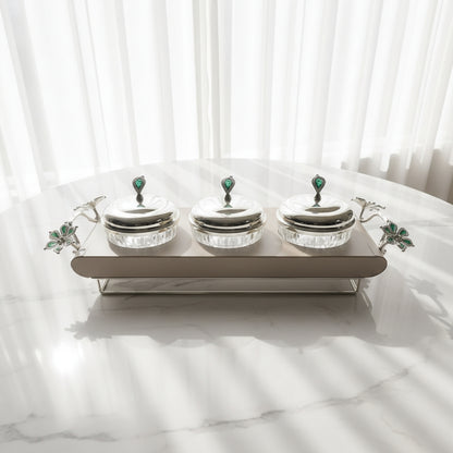 Emerald Flora 3-Bowl Luxury Serving Tray - Silver & Enamel - 42cm