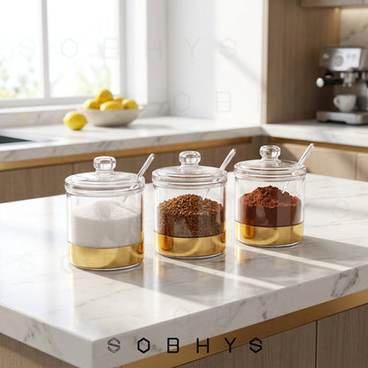 Acrylic Sugar Jar with Gold Base, Lid and Spoon