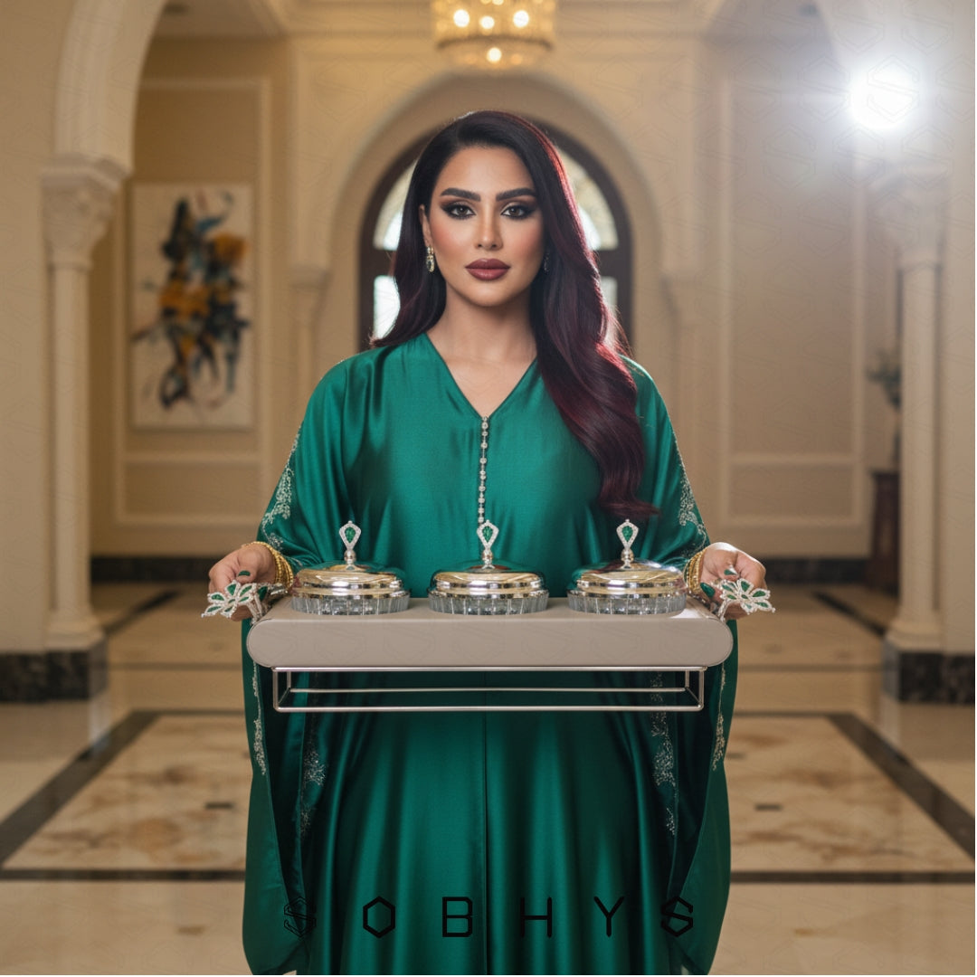 Emerald Flora 3-Bowl Luxury Serving Tray - Silver & Enamel - 42cm