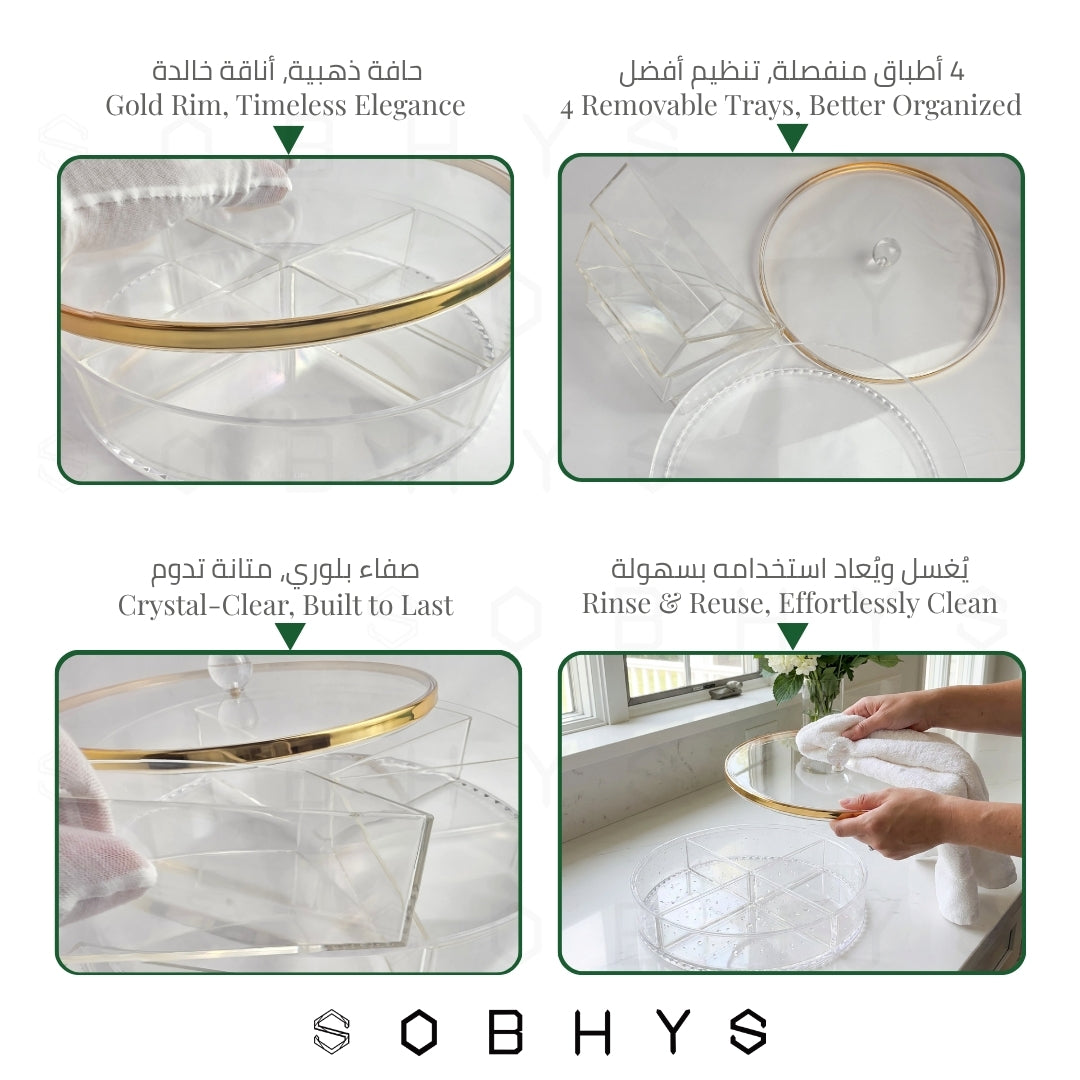 Acrylic Serving Tray – 4-Compartment, Gold Rim Lid, 29 cm