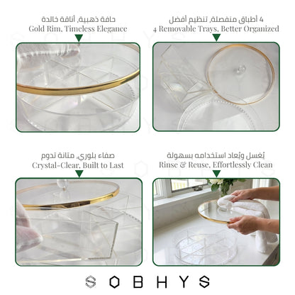 Acrylic Serving Tray – 4-Compartment, Gold Rim Lid, 29 cm