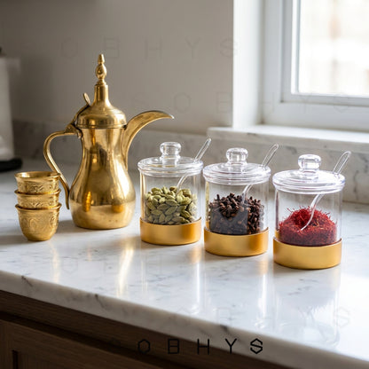 Acrylic Sugar Jar with Gold Base, Lid and Spoon