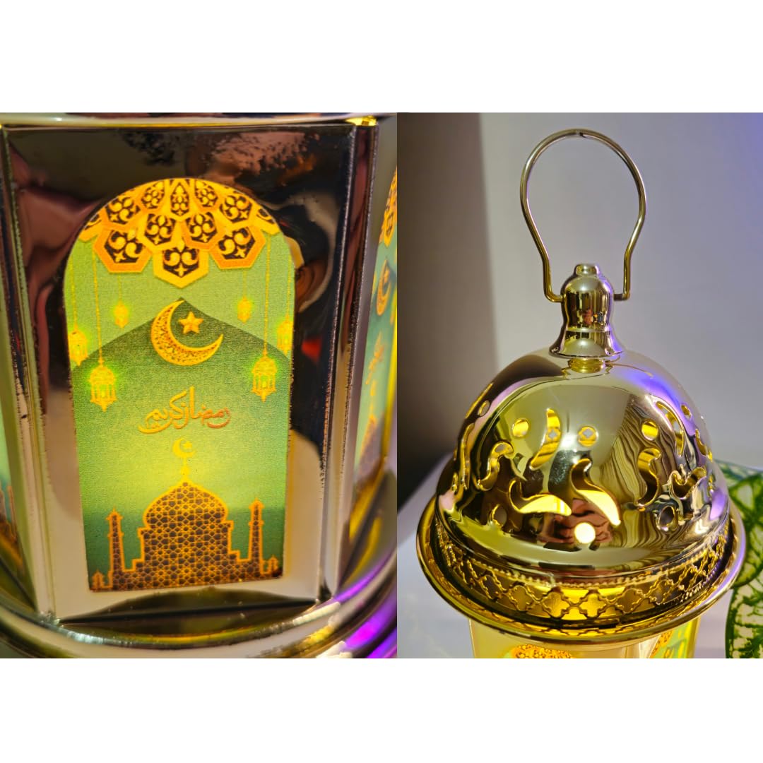 Ramadan Gold Metal Fanous Lantern 28.5 CM Colored Glass - Gold