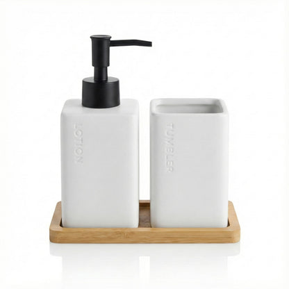 Ceramic Bathroom Countertop Set with Bamboo Tray - White Matte Bathroom decor collection SOBHYS - UAE
