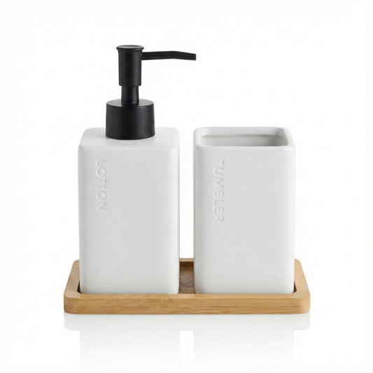 Ceramic Bathroom Countertop Set with Bamboo Tray - White Matte