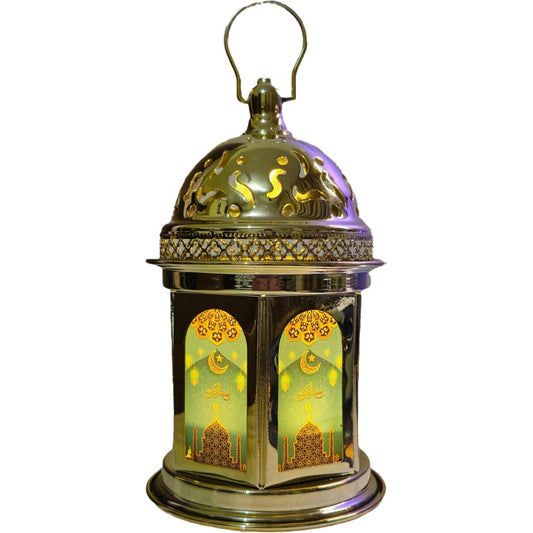 Ramadan Gold Metal Fanous Lantern 28.5 CM Colored Glass - Gold