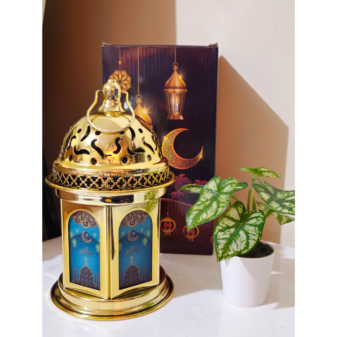 Ramadan Gold Metal Fanous Lantern 28.5 CM Colored Glass - Gold