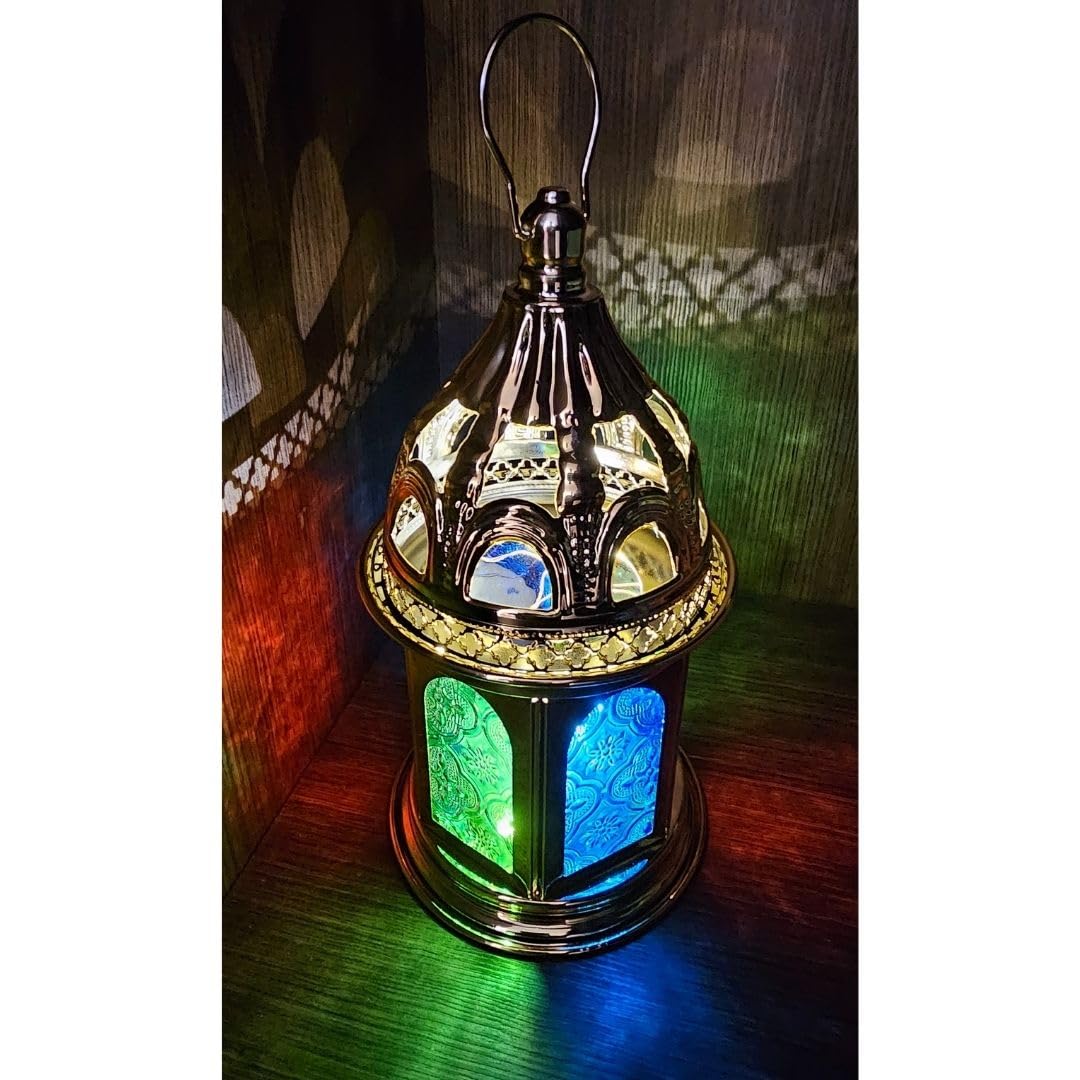 Ramadan Gold Metal Fanous Lantern 28.5cm Colored Glass - Gold