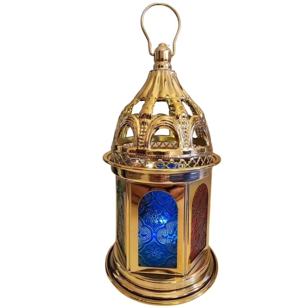 Ramadan Gold Metal Fanous Lantern 28.5cm Colored Glass - Gold