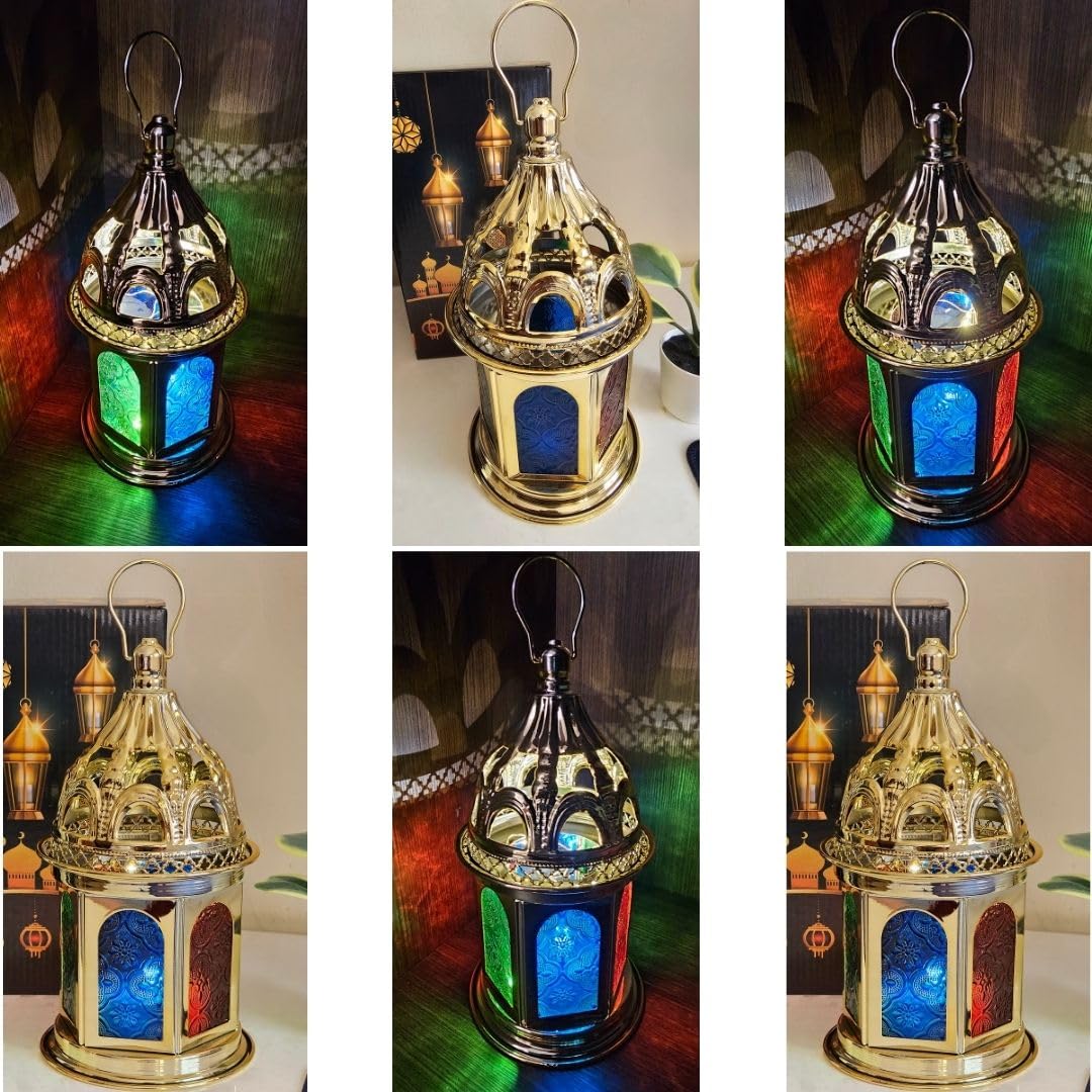 Ramadan Gold Metal Fanous Lantern 28.5cm Colored Glass - Gold