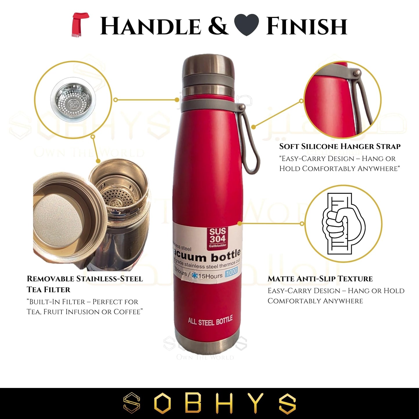 Stainless Steel Insulated Bottle Hot & Cold Flask - Red Drinkware collection SOBHYS - UAE