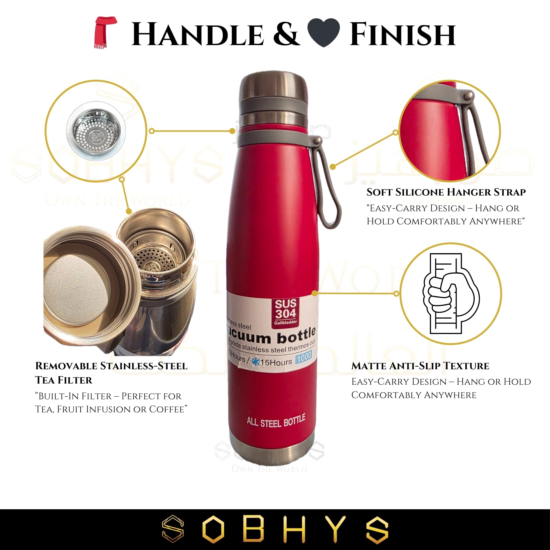 Stainless Steel Insulated Bottle Hot & Cold Flask - Red Drinkware collection SOBHYS - UAE