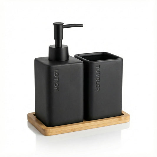 Ceramic Bathroom Countertop Set with Bamboo Tray - Black Matte