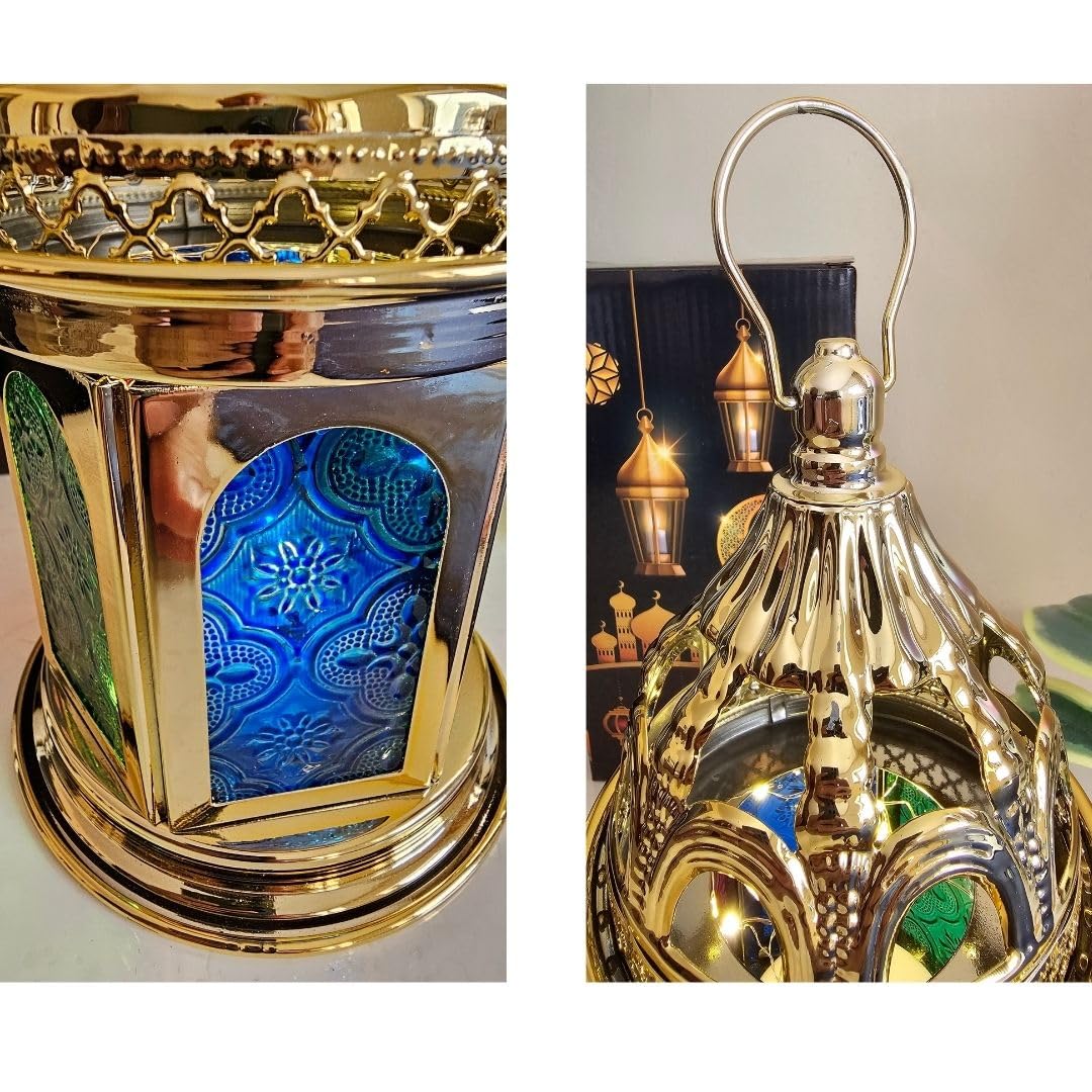 Ramadan Gold Metal Fanous Lantern 28.5cm Colored Glass - Gold