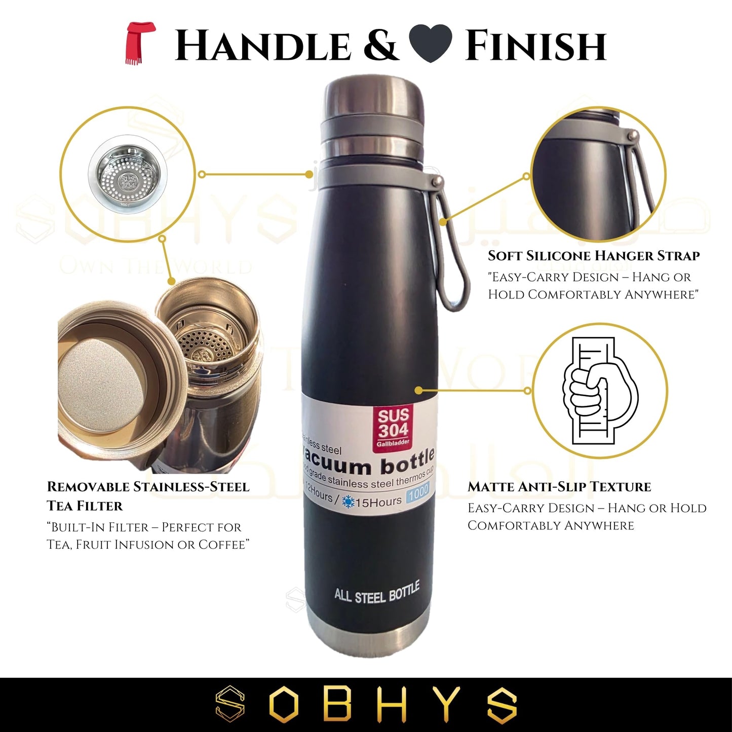Stainless Steel Insulated Bottle Hot & Cold Flask - Black Drinkware collection SOBHYS - UAE
