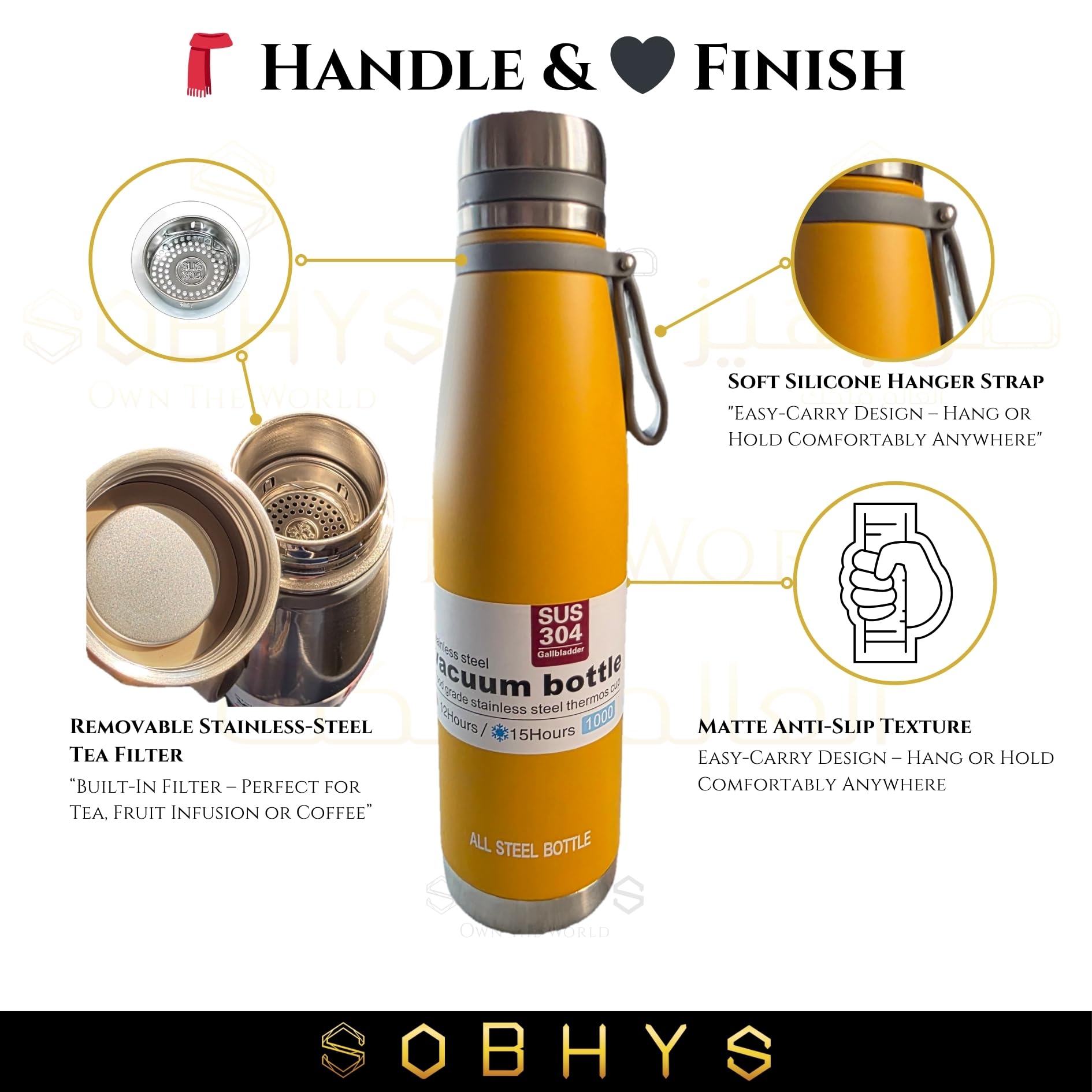 Stainless Steel Insulated Bottle Hot & Cold Flask - Yellow Drinkware collection SOBHYS - UAE