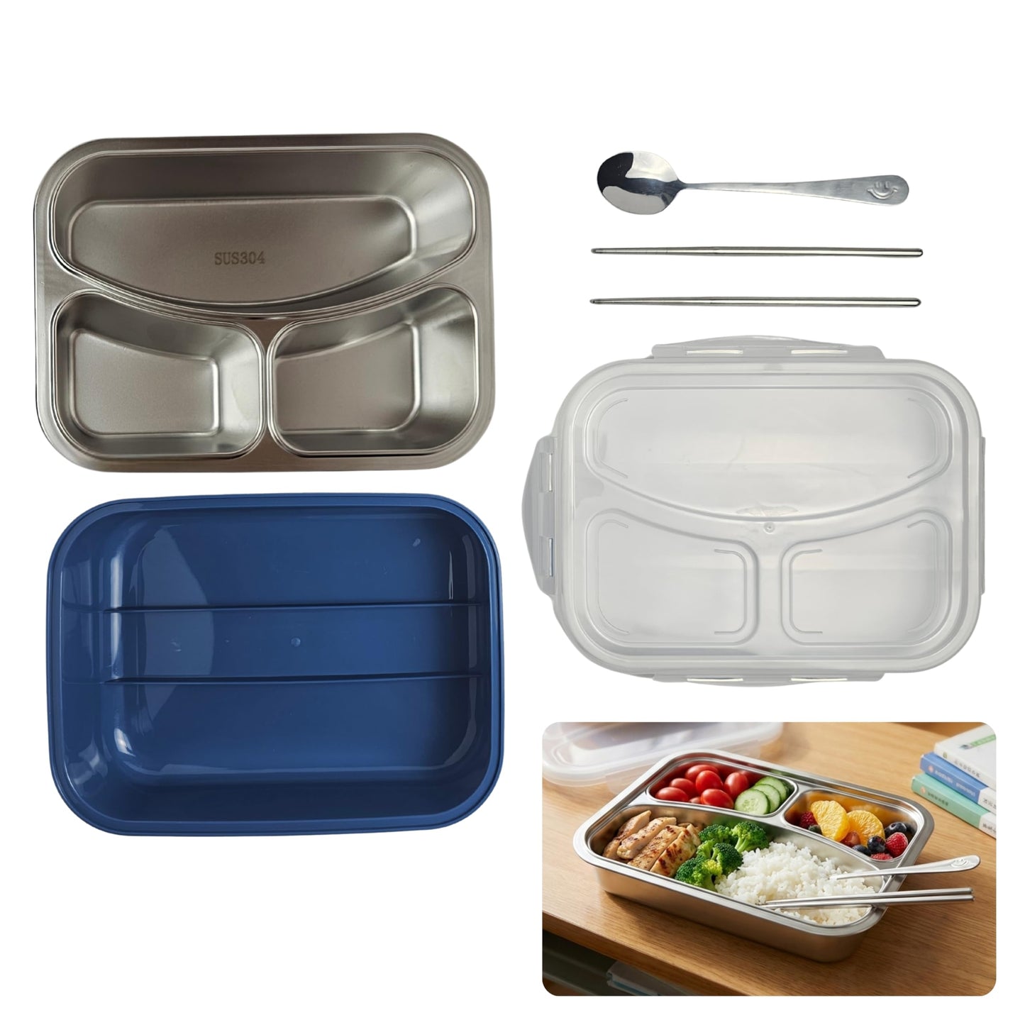 Stainless Steel Lunch Box with 3 Compartments - Blue