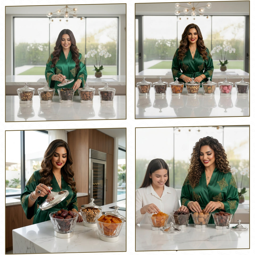 Woman in a kitchen setting with various food items on a counter. Sobhys Crystal-Cut Acrylic Bowl – Open View Showing 1.25L Interior Capacity
