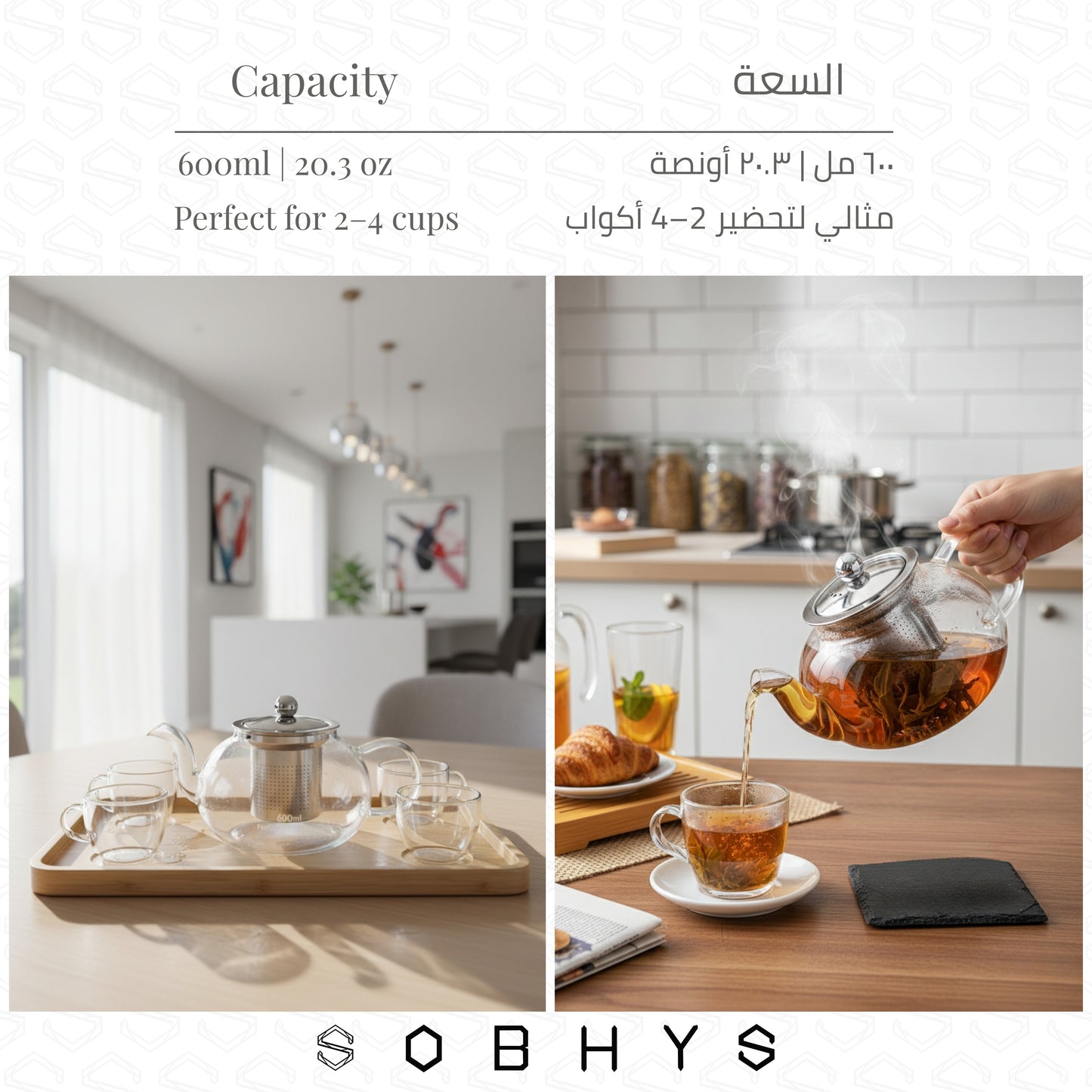 600ml Borosilicate Glass Teapot with Hook-Lock Infuser, Anti-Drip Spout & Heat Resistant