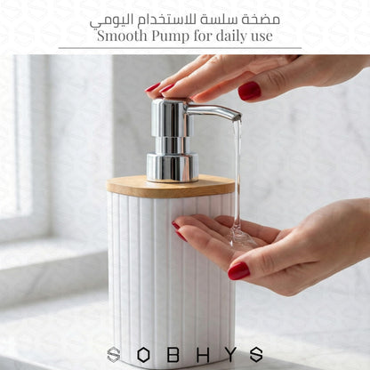 Ribbed Bamboo Soap Dispenser with Natural Bamboo Lid - White Drinkware collection SOBHYS - UAE