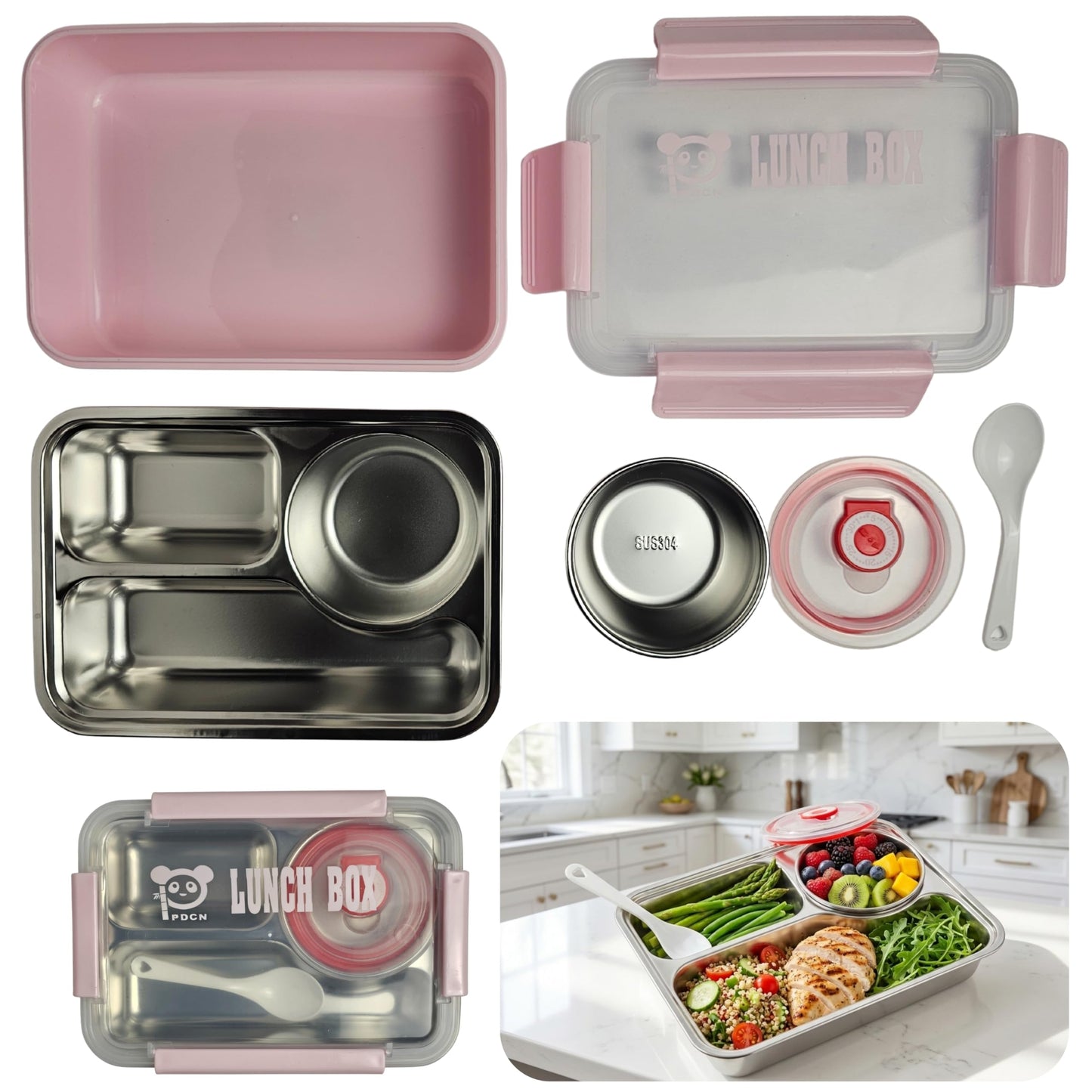 Stainless Steel Lunch Box with Removable Inner Tray - Pink
