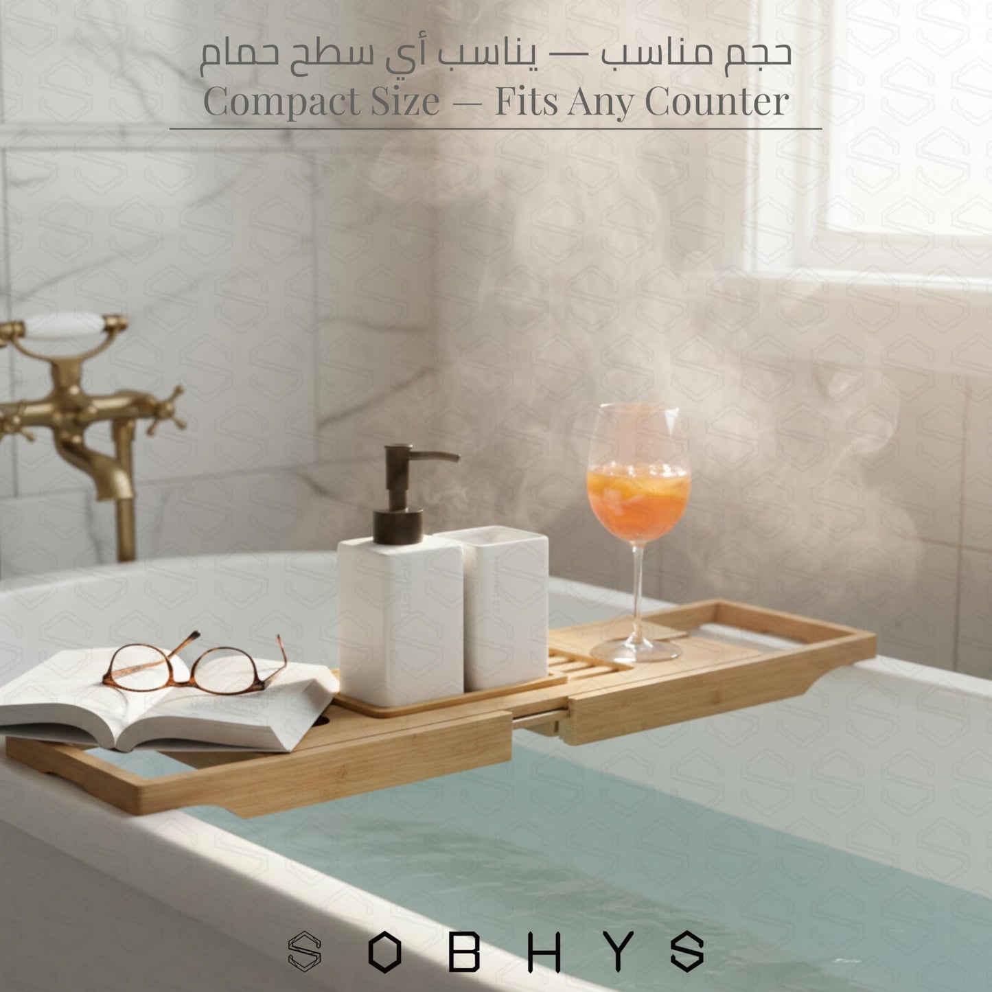 Ceramic Bathroom Countertop Set with Bamboo Tray - White Matte