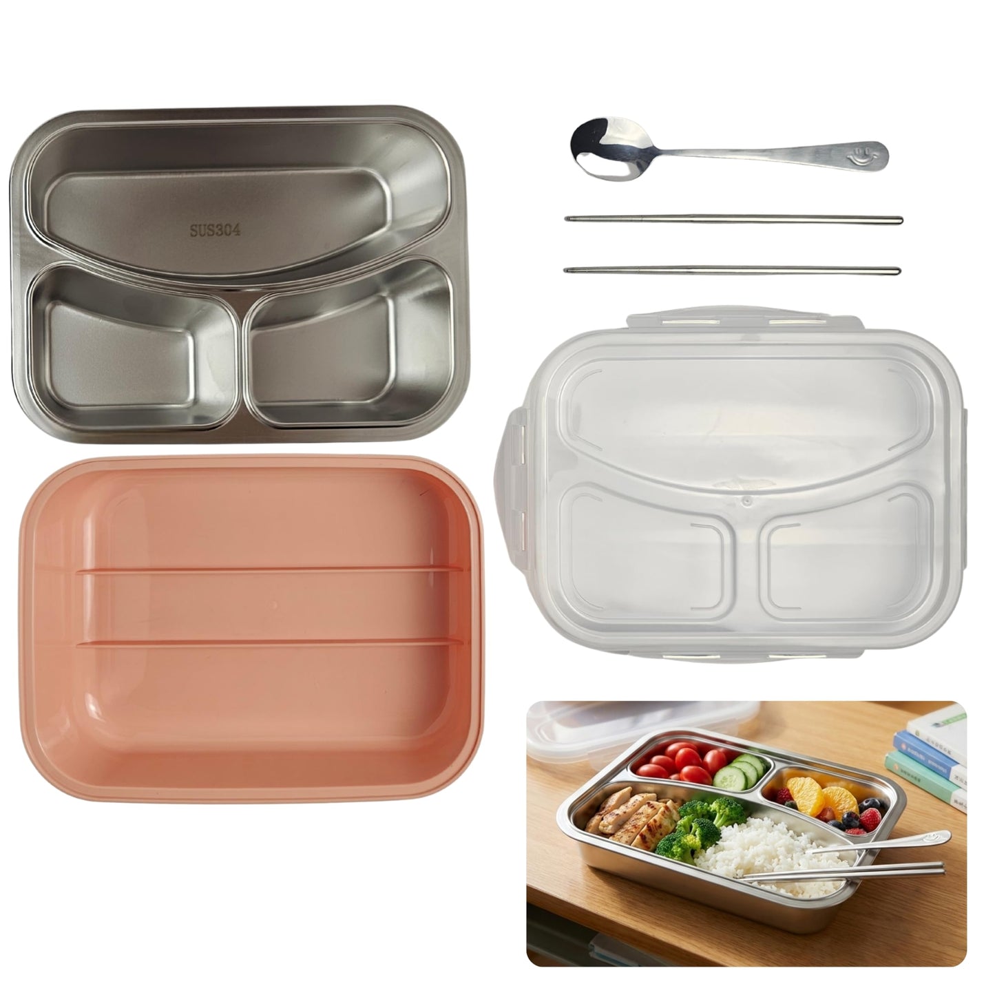 Stainless Steel Lunch Box with 3 Compartments - Blush Beige