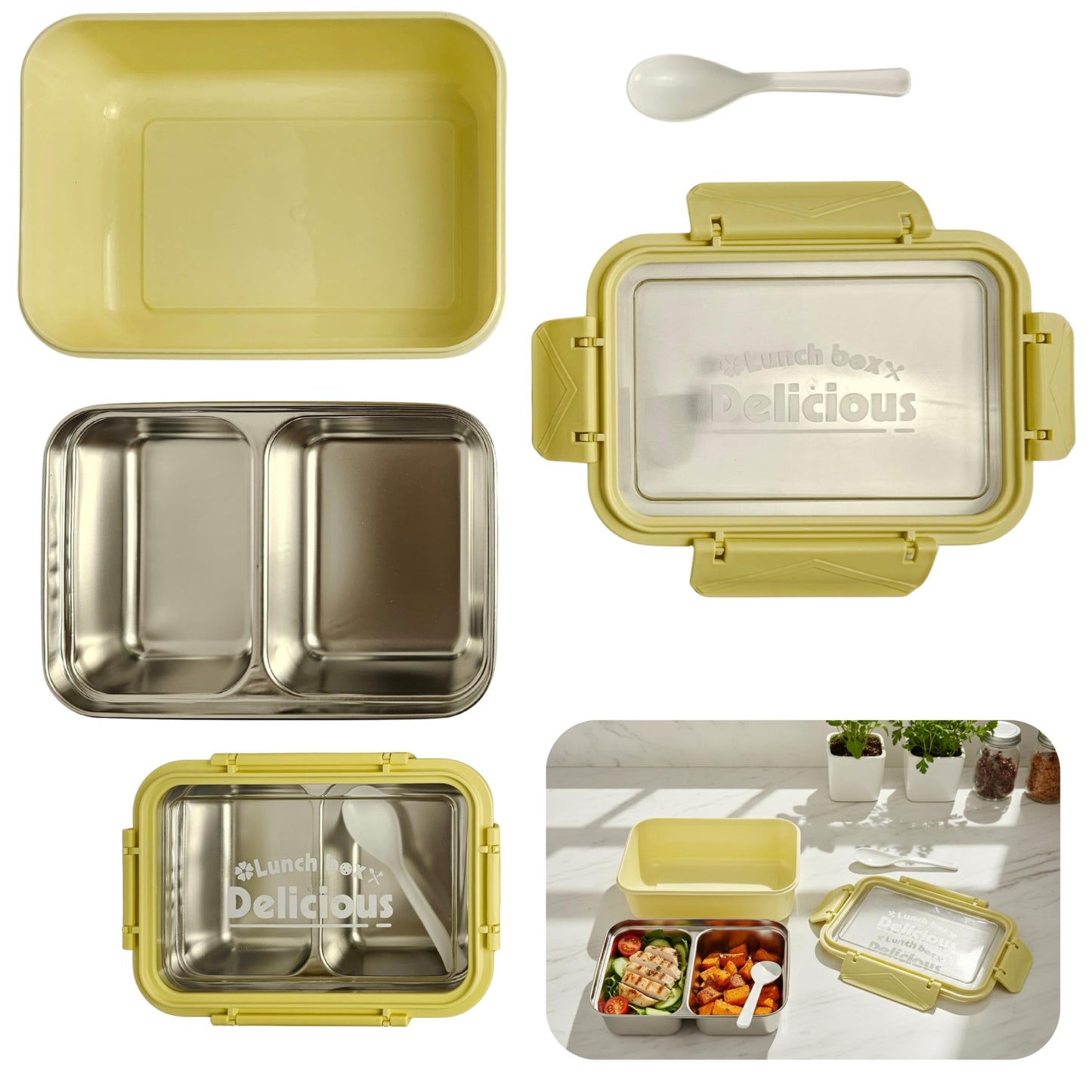 Stainless Steel Lunch Box with Removable Inner Tray - Soft Yellow