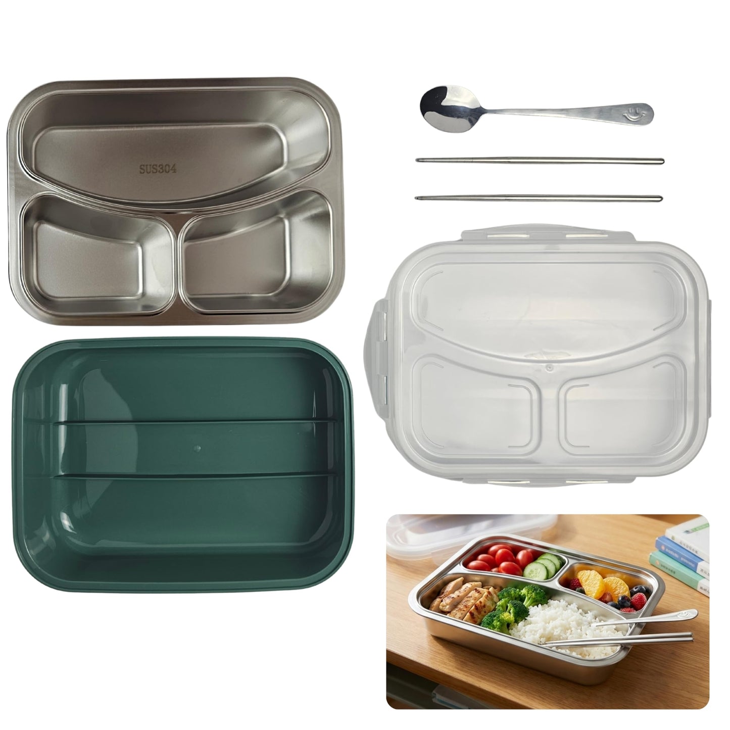 Stainless Steel Lunch Box with 3 Compartments - Green