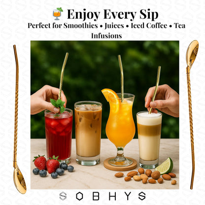 Premium Stainless Steel Spoon Straws Set - Golden-Spoon Straws collection SOBHYS - UAE