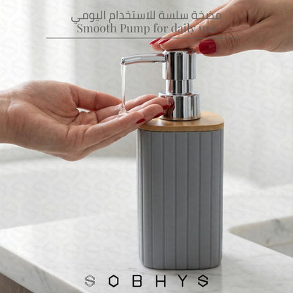 Ribbed Bamboo Soap Dispenser with Natural Bamboo Lid - Gray Drinkware collection SOBHYS - UAE