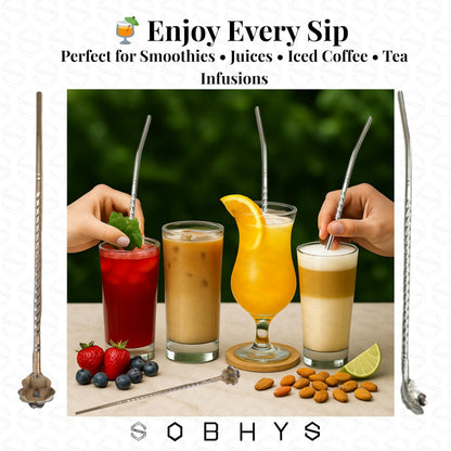 Premium Stainless Steel Spoon Straws Set - Silver-Spoon Straws collection SOBHYS - UAE