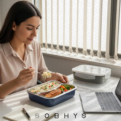 Stainless Steel Lunch Box with 3 Compartments - Blush Beige Lunch box collection SOBHYS - UAE