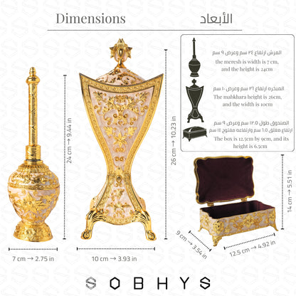 Luxury Arabic Incense Burner & Perfume Set – Royal White & Gold | 3-Piece Mabkhara, Meresh & Velvet Box