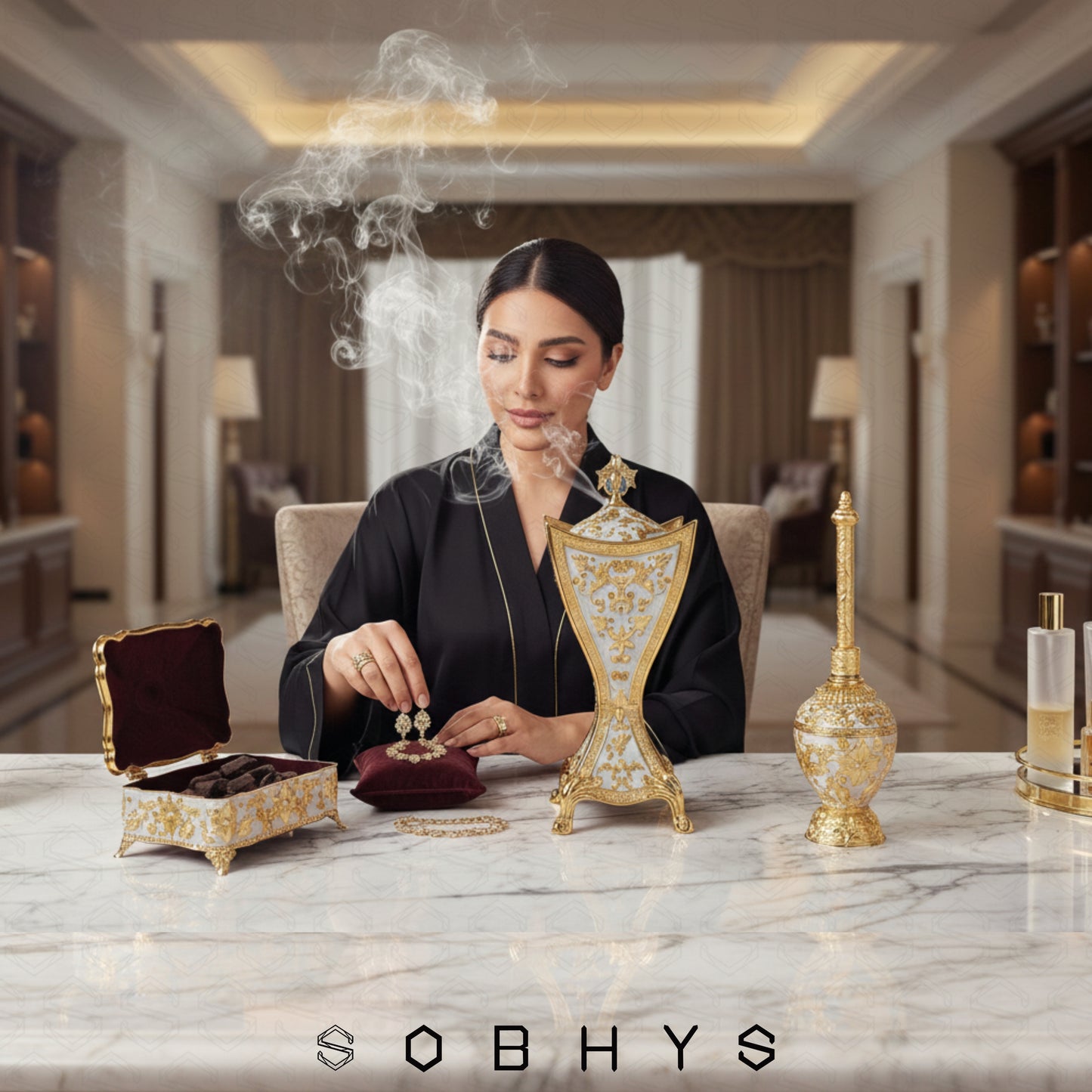 Luxury Arabic Incense Burner & Perfume Set – Royal White & Gold | 3-Piece Mabkhara, Meresh & Velvet Box