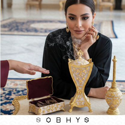 Luxury Arabic Incense Burner & Perfume Set – Royal White & Gold | 3-Piece Mabkhara, Meresh & Velvet Box